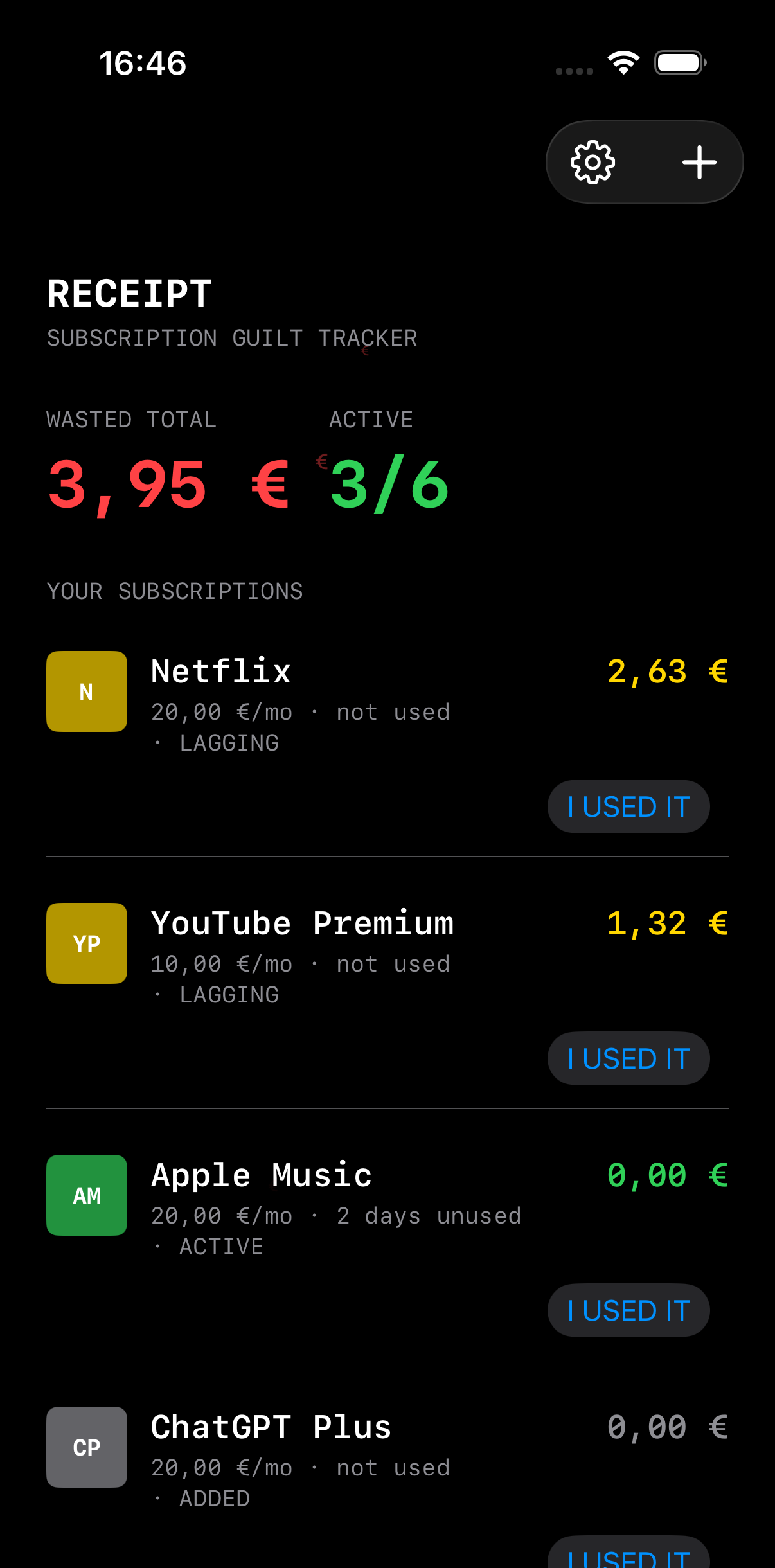 Receipt on iPhone showing wasted total, active subscriptions, and subscription status.