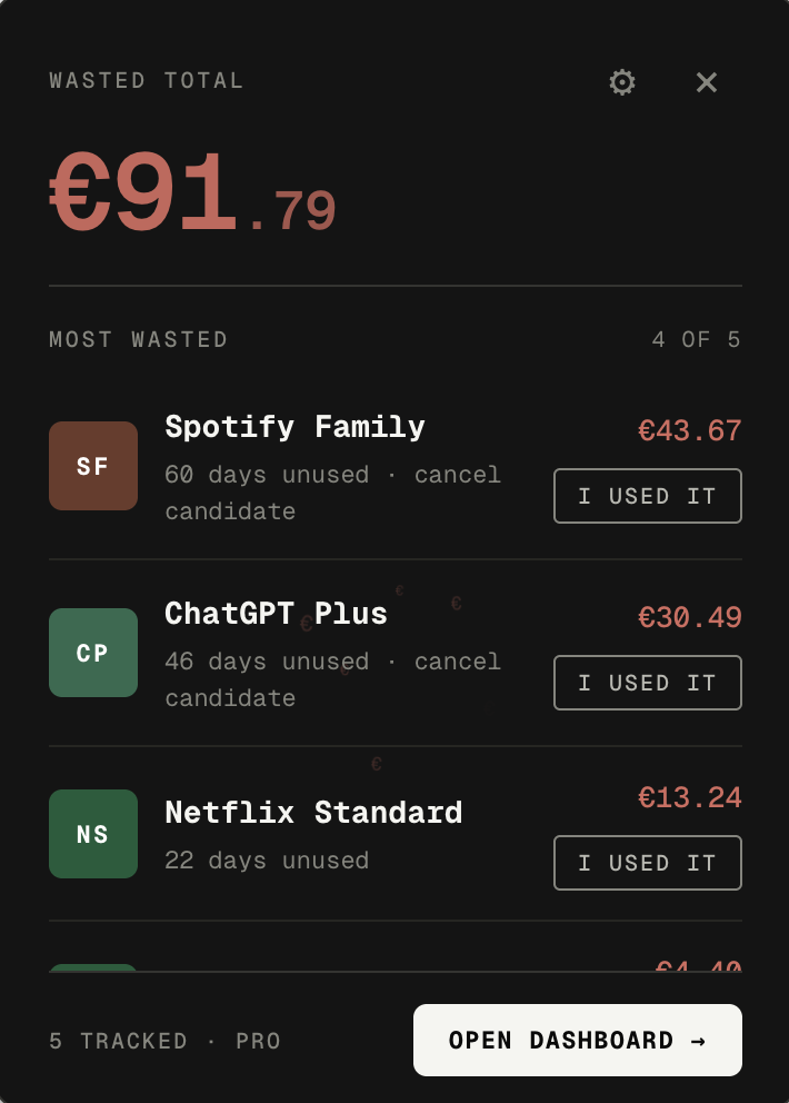 Receipt browser popup showing wasted total and most wasted subscriptions.
